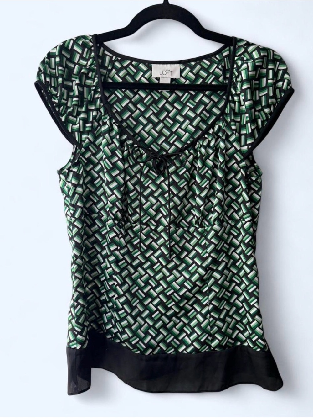 LOFT Green & Black Geometric Cap Sleeve Blouse
